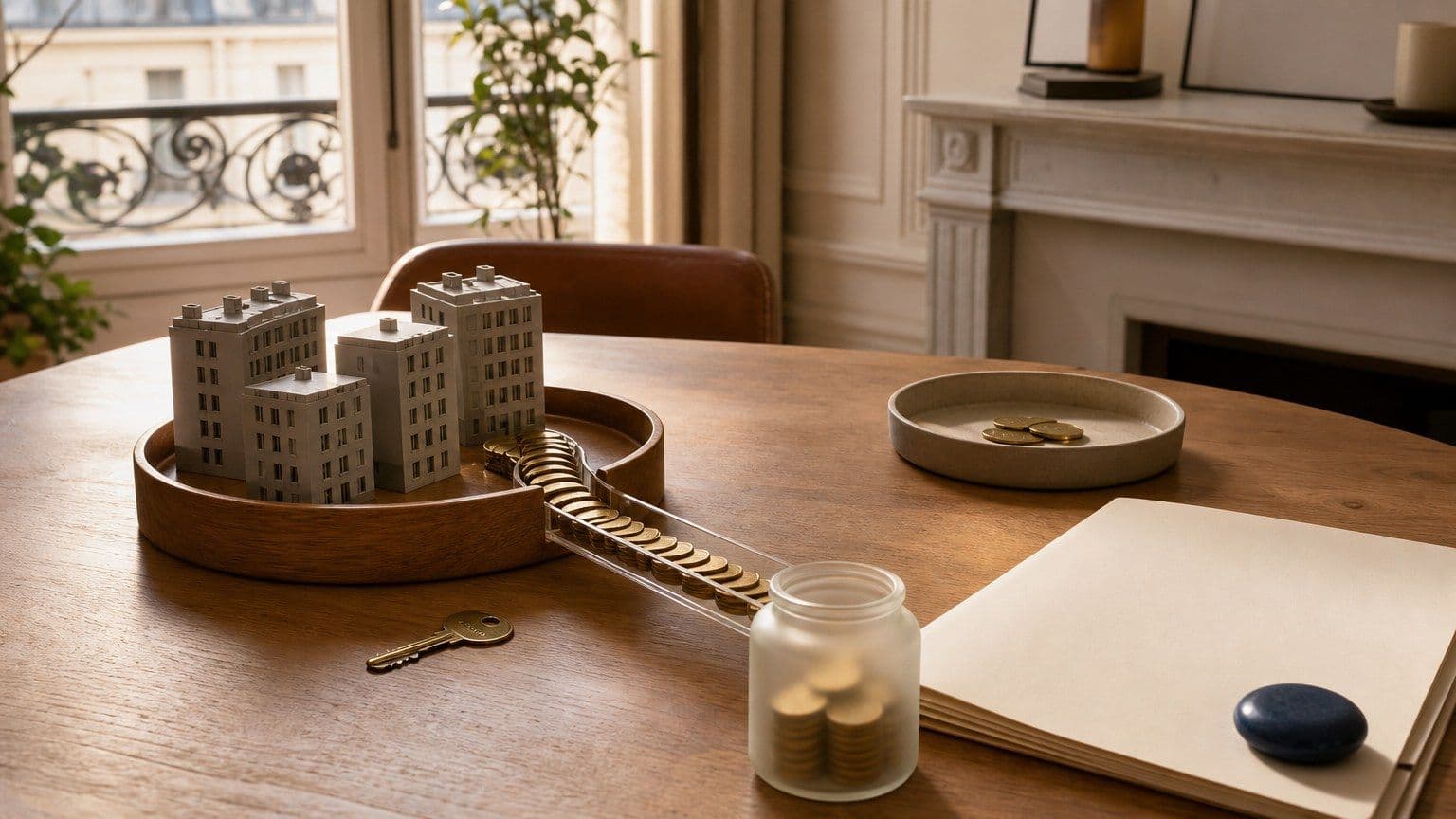 Des mini-immeubles, des pièces et une clé sur une table évoquent le rendement d’une SCPI.