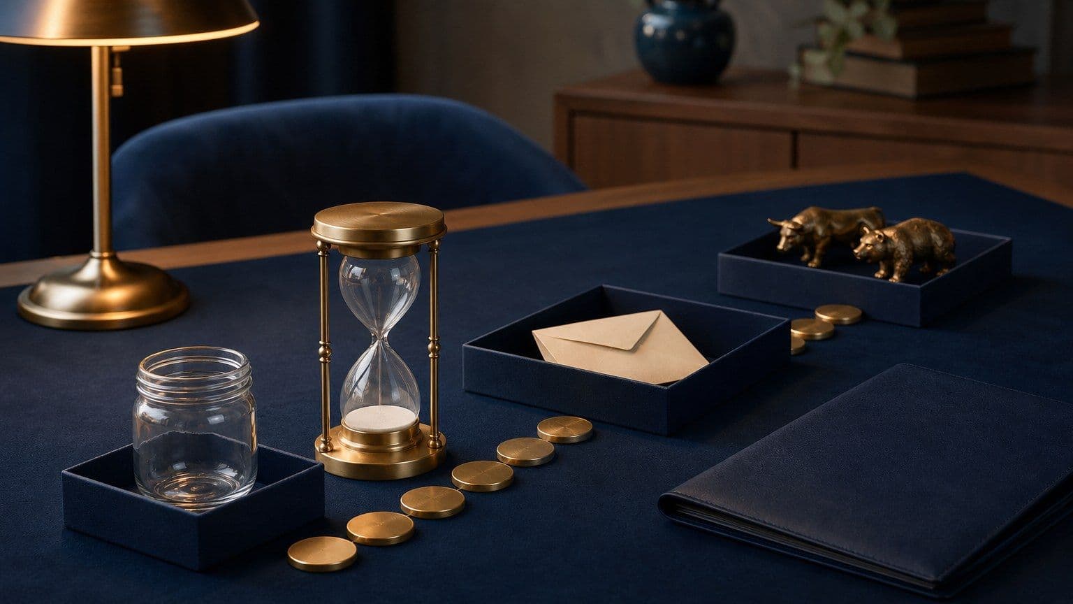 Un sablier et plusieurs compartiments illustrent différents horizons de placement financier.