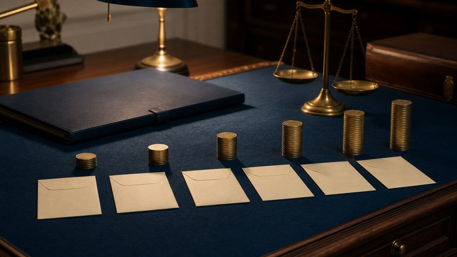 Une série d’enveloppes vierges et de pièces disposées en escalier sur un bureau évoque l’investissement obligataire.